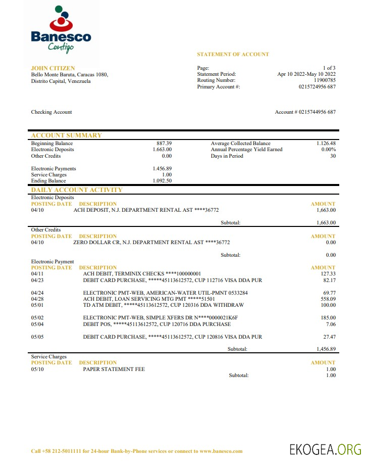Relevé bancaire Venezuela Banesco template Relevé bancaire Venezuela Banesco template